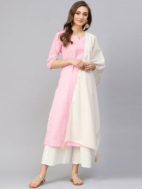 idalia baby pink & white cotton printed kurta palazzo set with dupatta