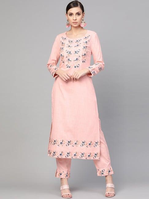 idalia baby pink cotton embroidered kurta pant set