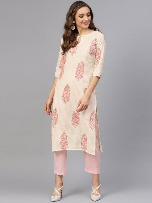 idalia beige & baby pink cotton printed kurta pant set