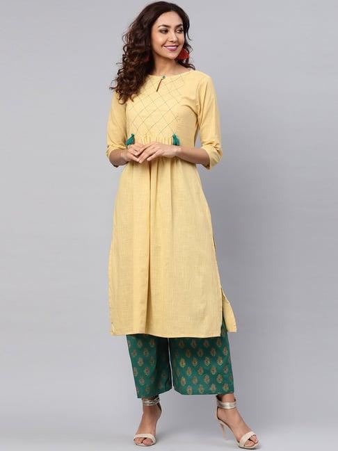 idalia beige & green cotton kurta palazzo set