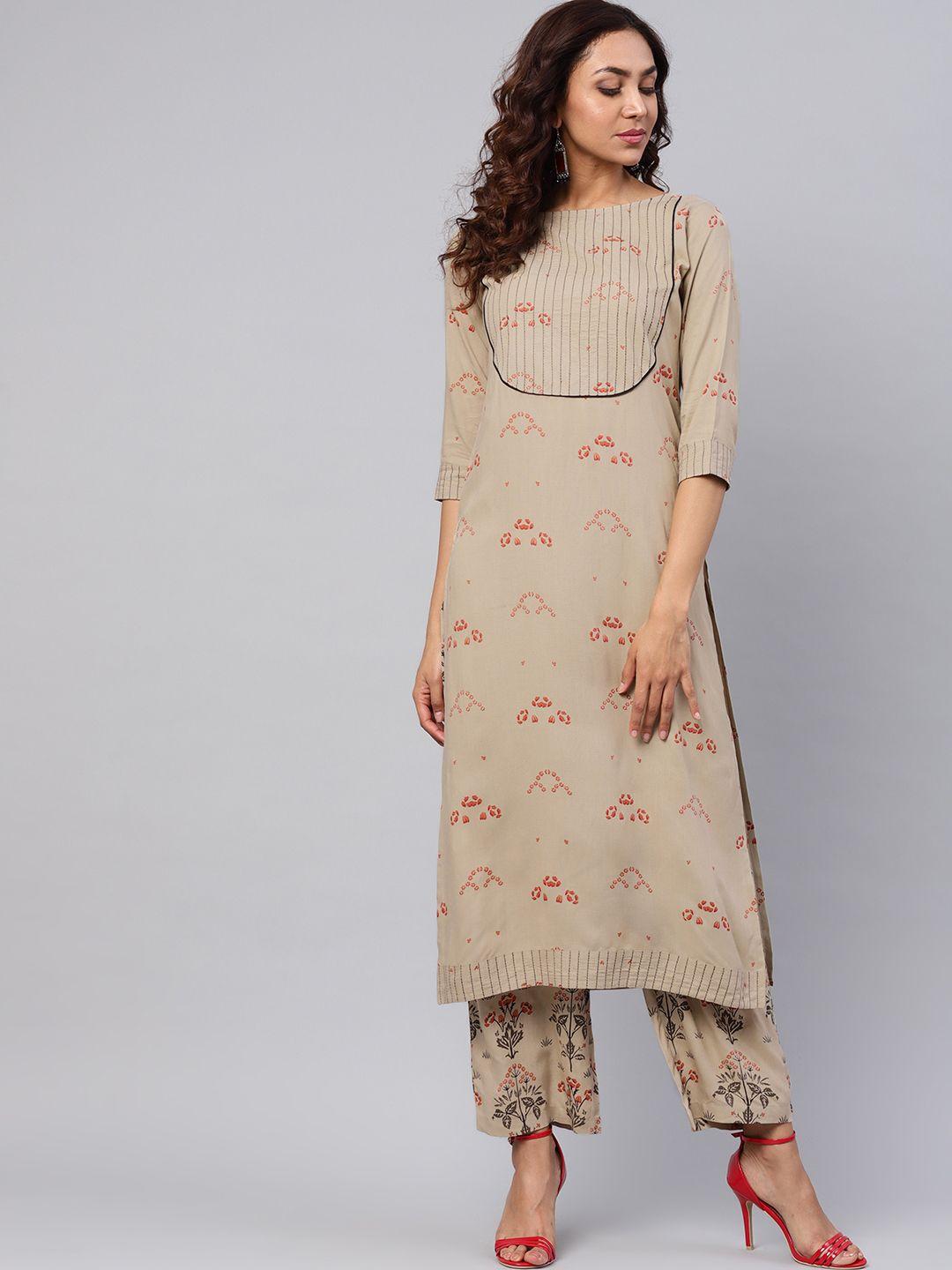 idalia beige & red printed kurta with palazzos