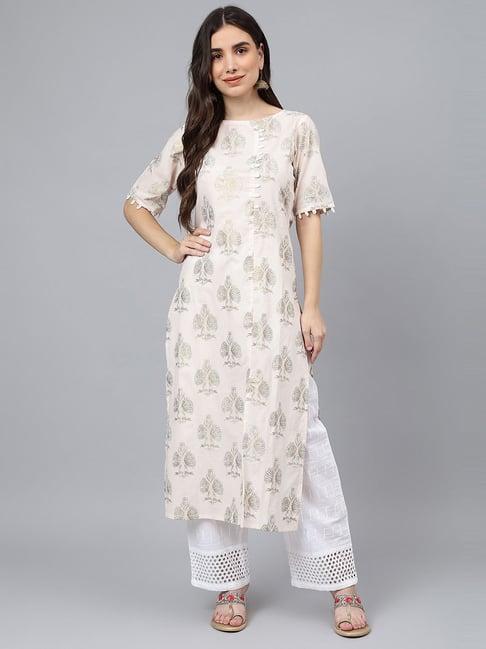 idalia beige cotton printed kurta palazzo set