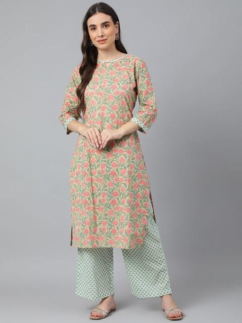 idalia beige cotton printed kurta palazzo set