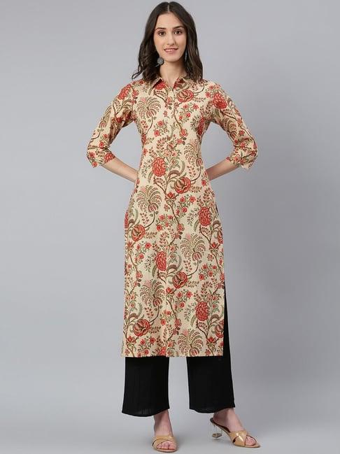 idalia beige cotton printed straight kurta