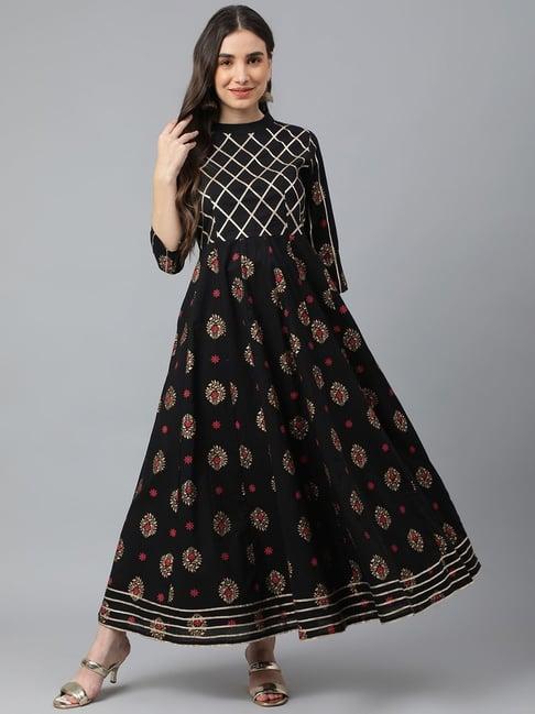 idalia black cotton printed anarkali kurta