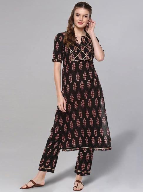 idalia black cotton printed kurta pant set