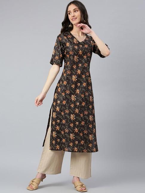 idalia black cotton printed straight kurta