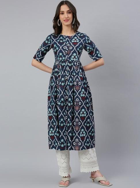 idalia blue cotton printed a line kurta