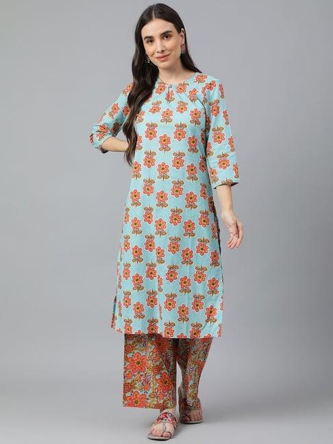 idalia blue cotton printed kurta palazzo set