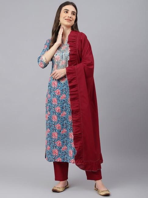 idalia blue cotton printed kurta pant set with dupatta