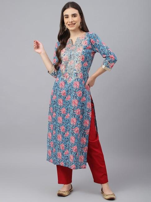 idalia blue cotton printed kurta pant set