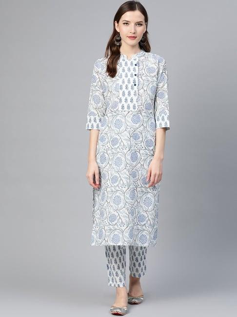 idalia blue cotton printed kurta pant set