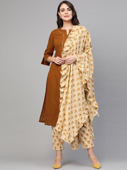 idalia brown & beige cotton kurta pant set with dupatta