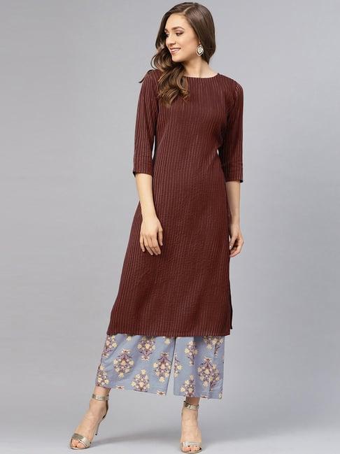 idalia brown & blue embroidered kurta palazzo set