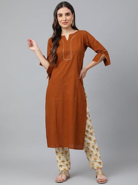 idalia brown cotton kurta pant set