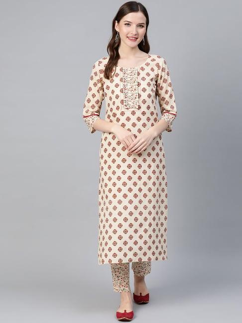 idalia cream cotton printed kurta pant set