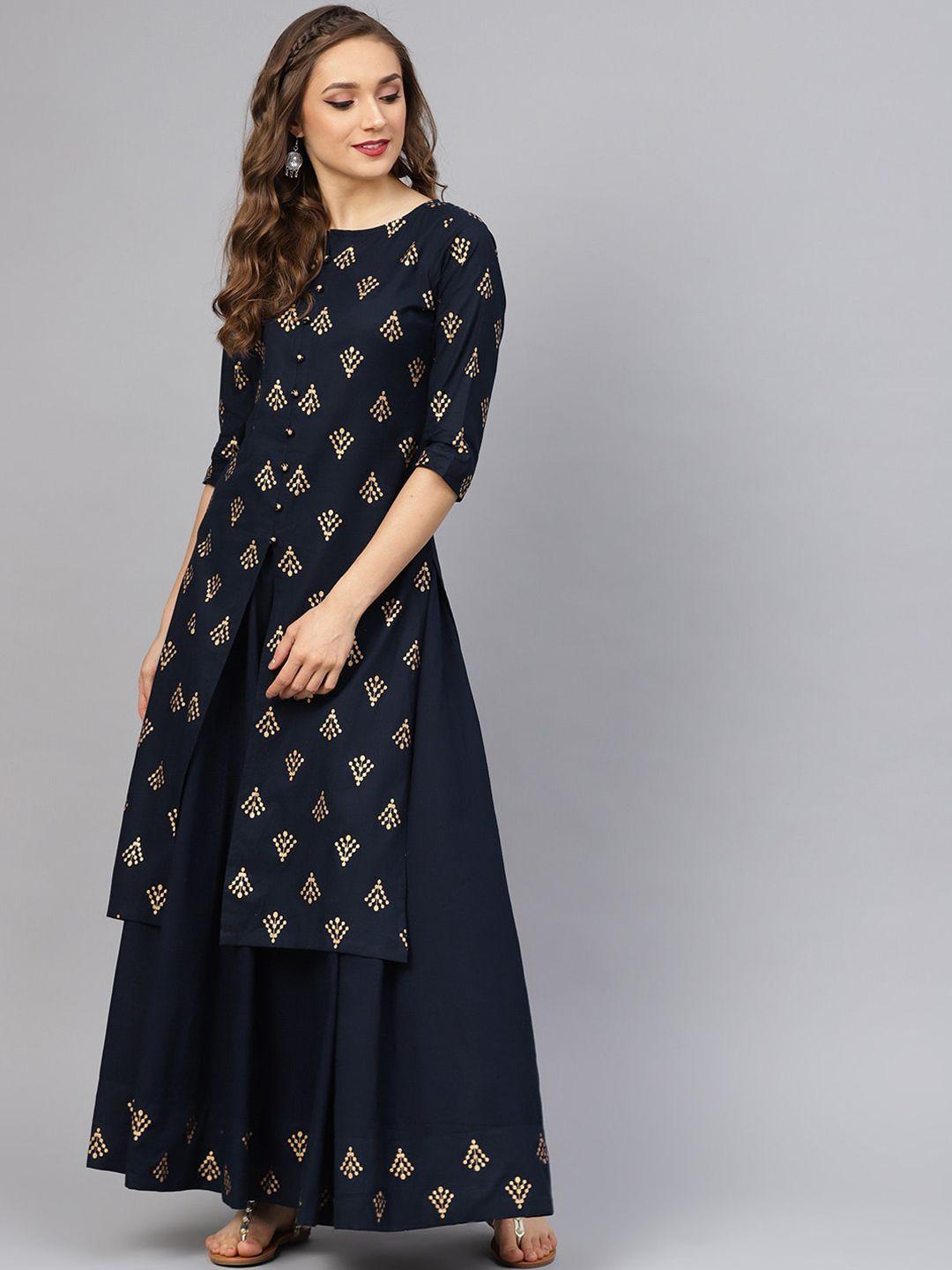 idalia ethnic motifs printed boat neck pure cotton kurta with skirt