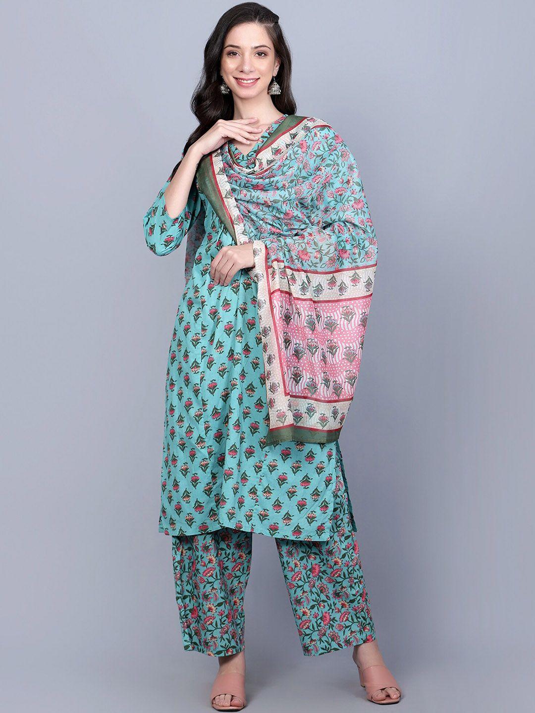 idalia floral printed a-line pure cotton kurta with palazzos & dupatta