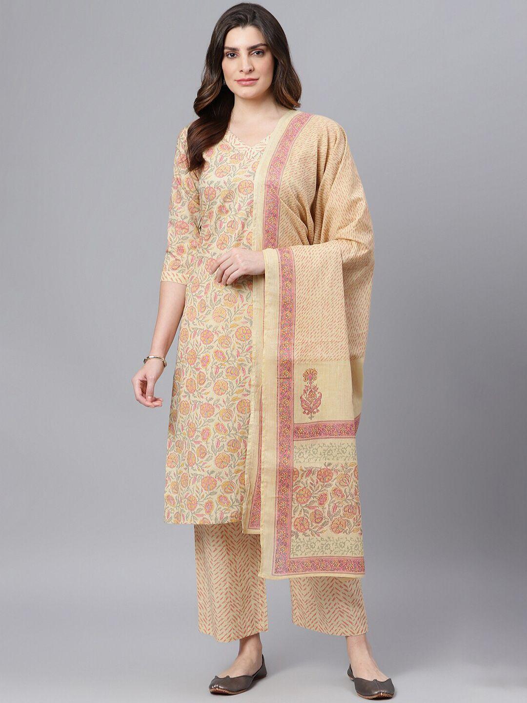 idalia floral printed v neck pure cotton kurta with palazzos & dupatta