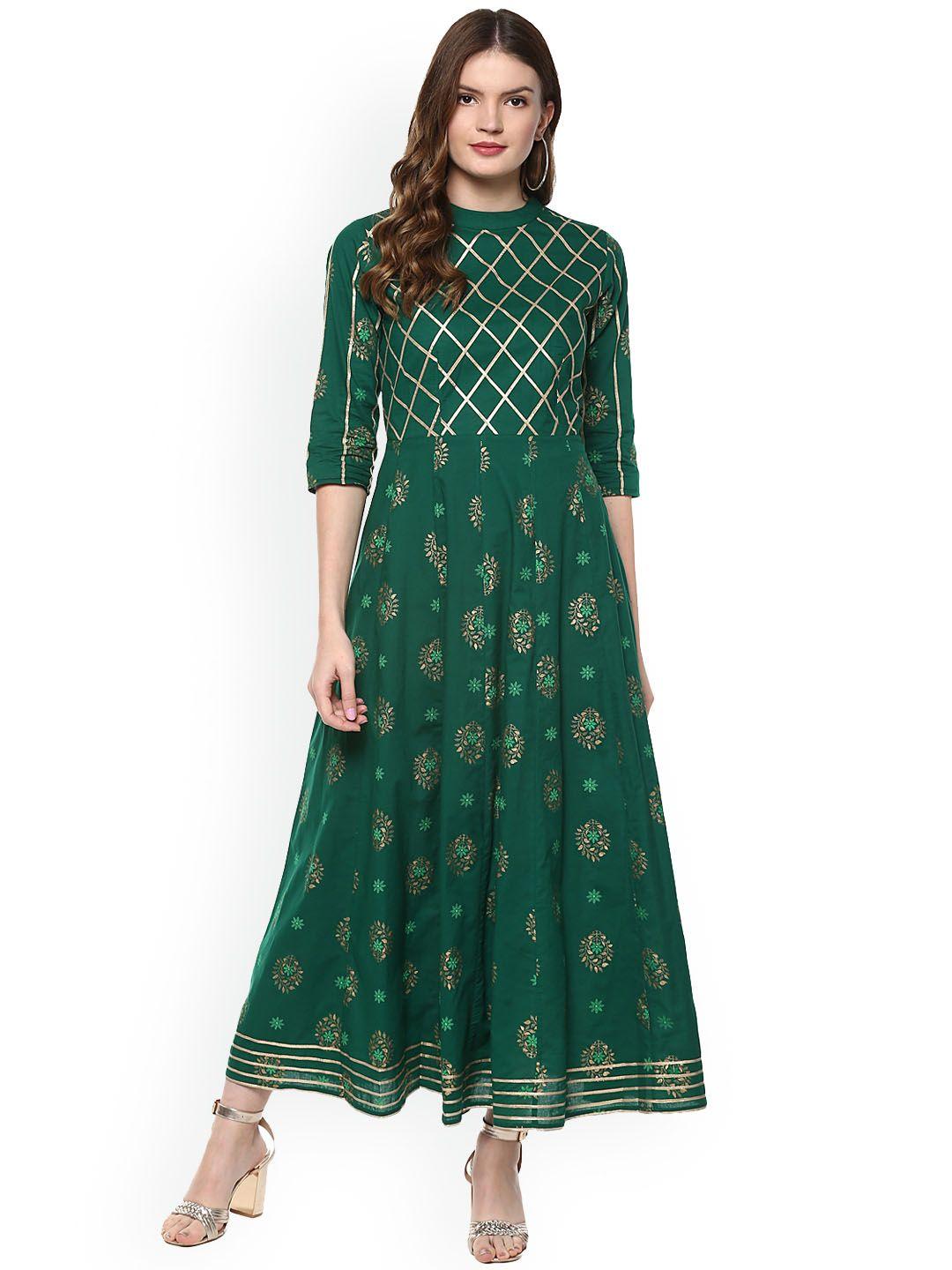 idalia green & gold-toned ethnic motifs ethnic maxi dress