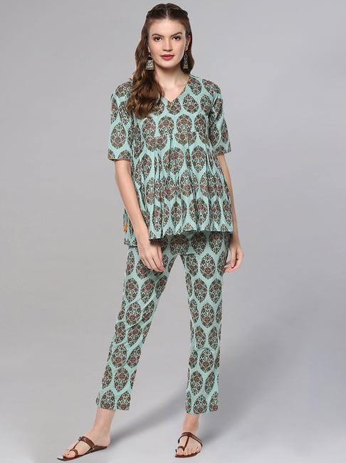 idalia green cotton printed kurta pant set