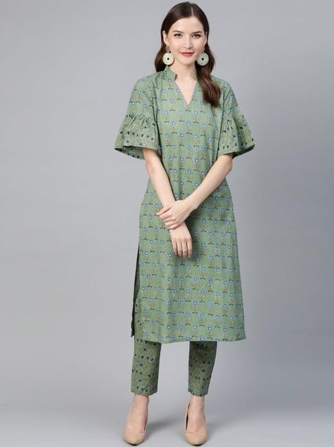 idalia green cotton printed kurta pant set