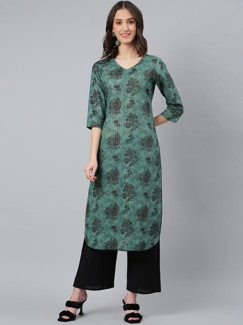 idalia green cotton printed straight kurta