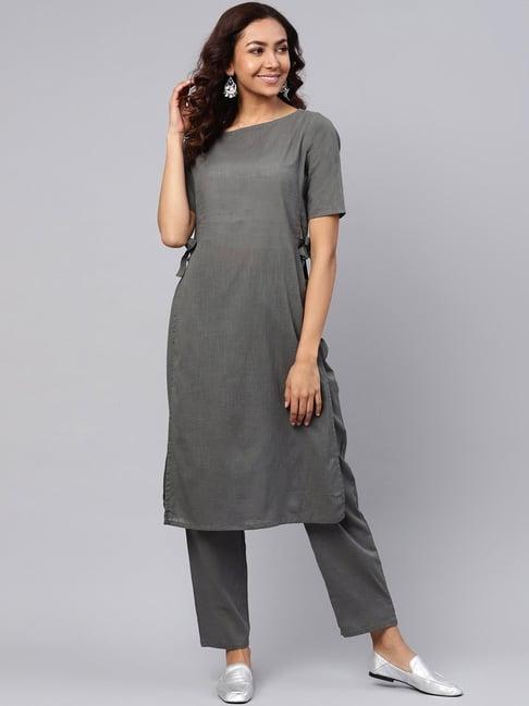 idalia grey cotton kurta pant set