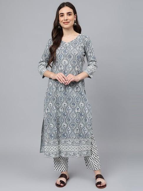 idalia grey cotton printed kurta pant set