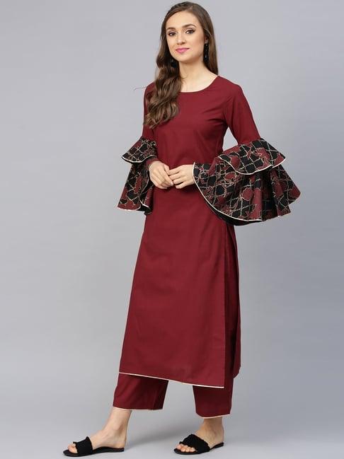 idalia maroon cotton kurta palazzo set