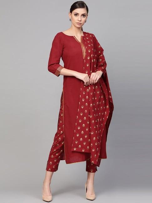 idalia maroon cotton kurta pant set with dupatta