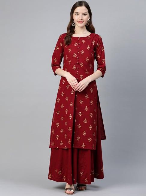 idalia maroon cotton printed kurta skirt set