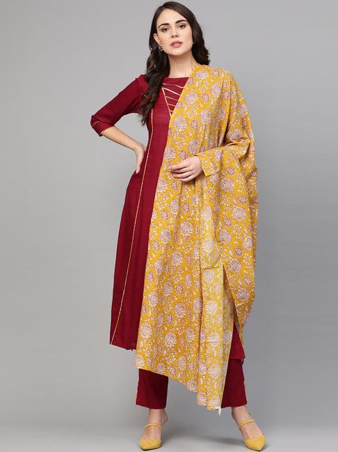 idalia maroon zari work kurta pant set with dupatta