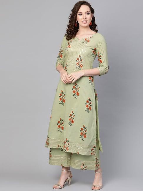 idalia mint green cotton floral print kurta palazzo set