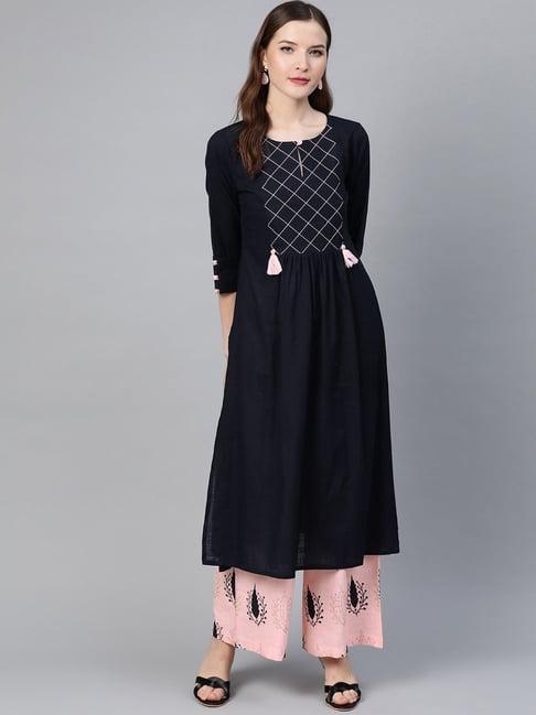 idalia navy & blush pink cotton embroidered kurta palazzo set