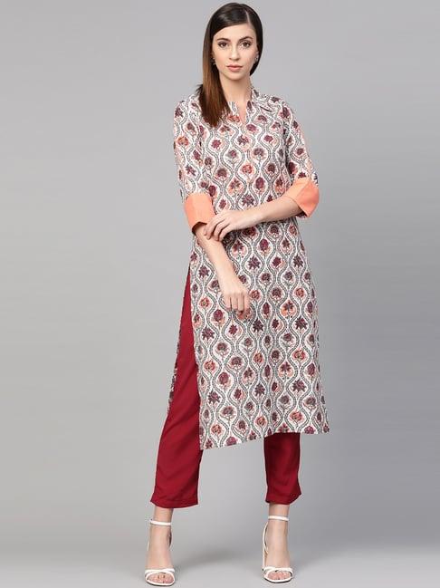 idalia off-white & pink cotton printed straight kurta