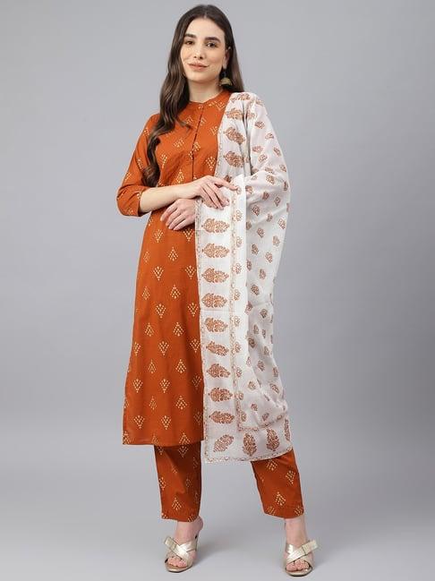 idalia orange cotton printed kurta pant set with dupatta