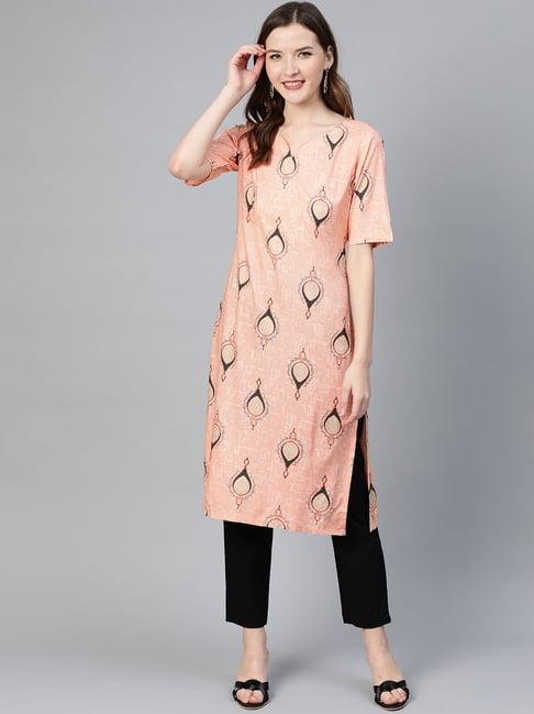 idalia peach & black printed kurta pant set