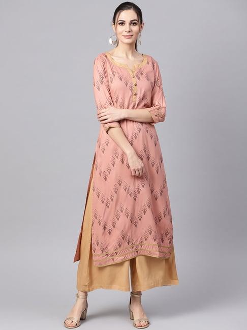 idalia peach & camel brown printed kurta palazzo set