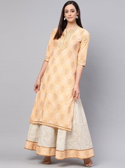 idalia peach & off-white cotton printed kurta skirt set