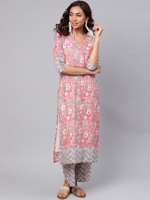 idalia pink & turquoise cotton floral print kurta palazzo set