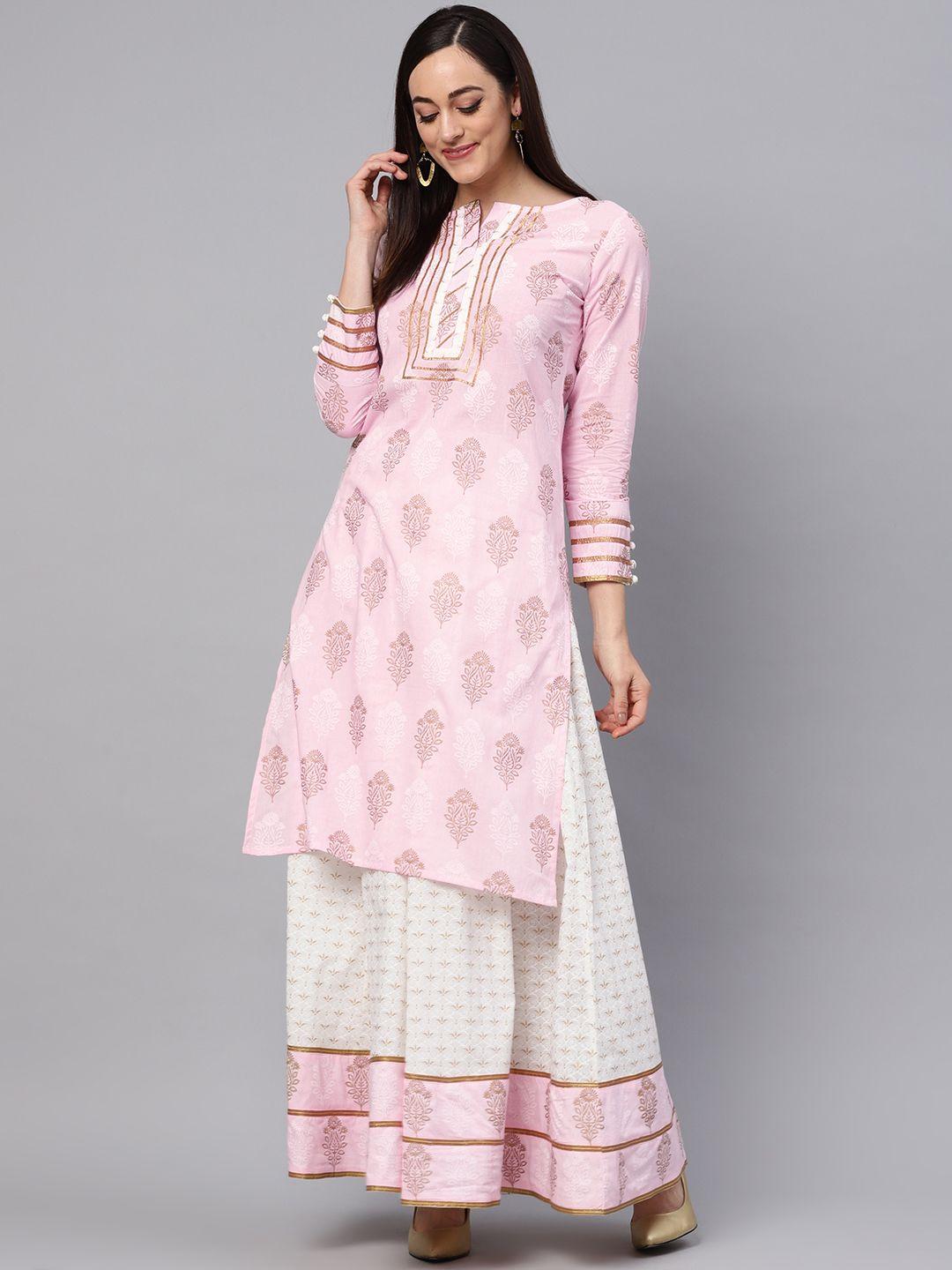 idalia pink & white printed kurta with skirt