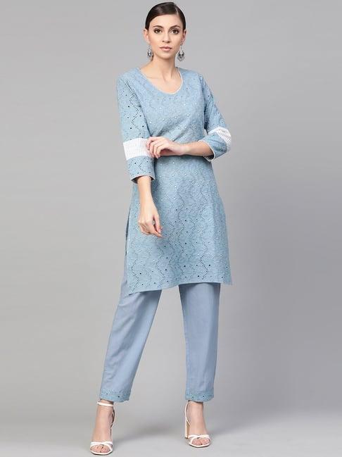 idalia powder blue cotton woven pattern kurta pant set
