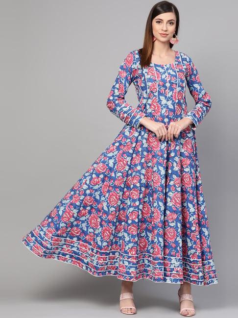 idalia royal blue cotton floral print anarkali kurta