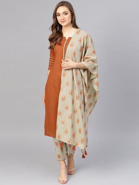 idalia rust & sage green cotton kurta pant set with dupatta