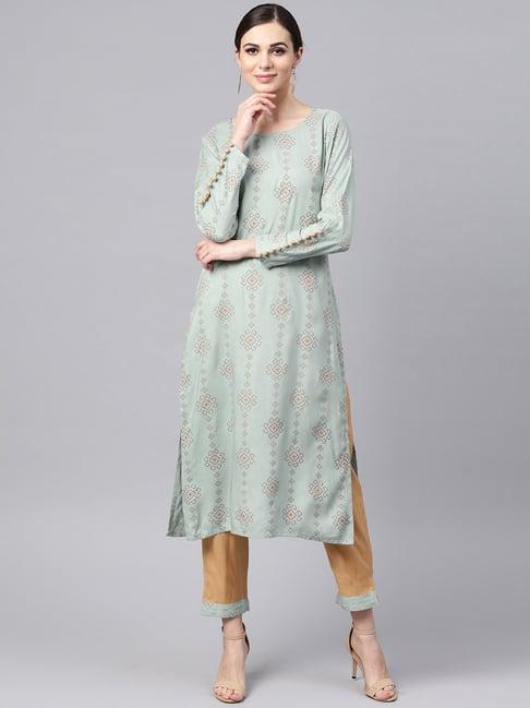 idalia sage blue & camel brown printed kurta pant set