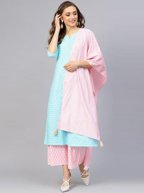 idalia sky blue & baby pink cotton printed kurta palazzo set with dupatta