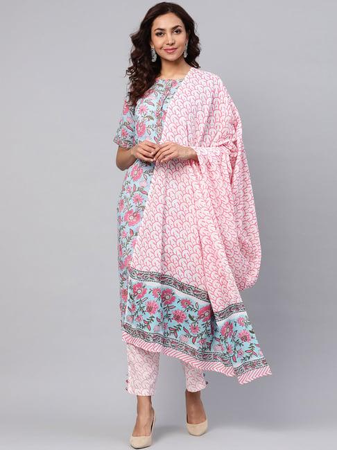 idalia sky blue & pink cotton floral print kurta pant set with dupatta