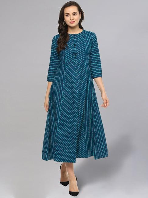 idalia teal blue cotton striped a line dress