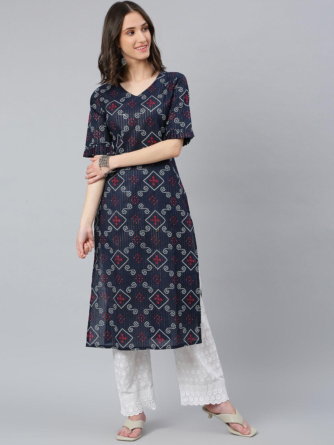 idalia v-neck bandhani printed pure cotton kurta